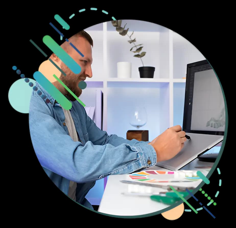 Web developer working on code with purple design elements