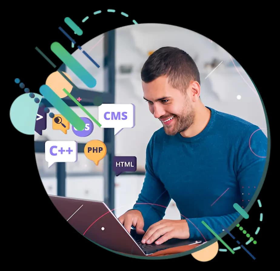 Web development workspace with purple blob design